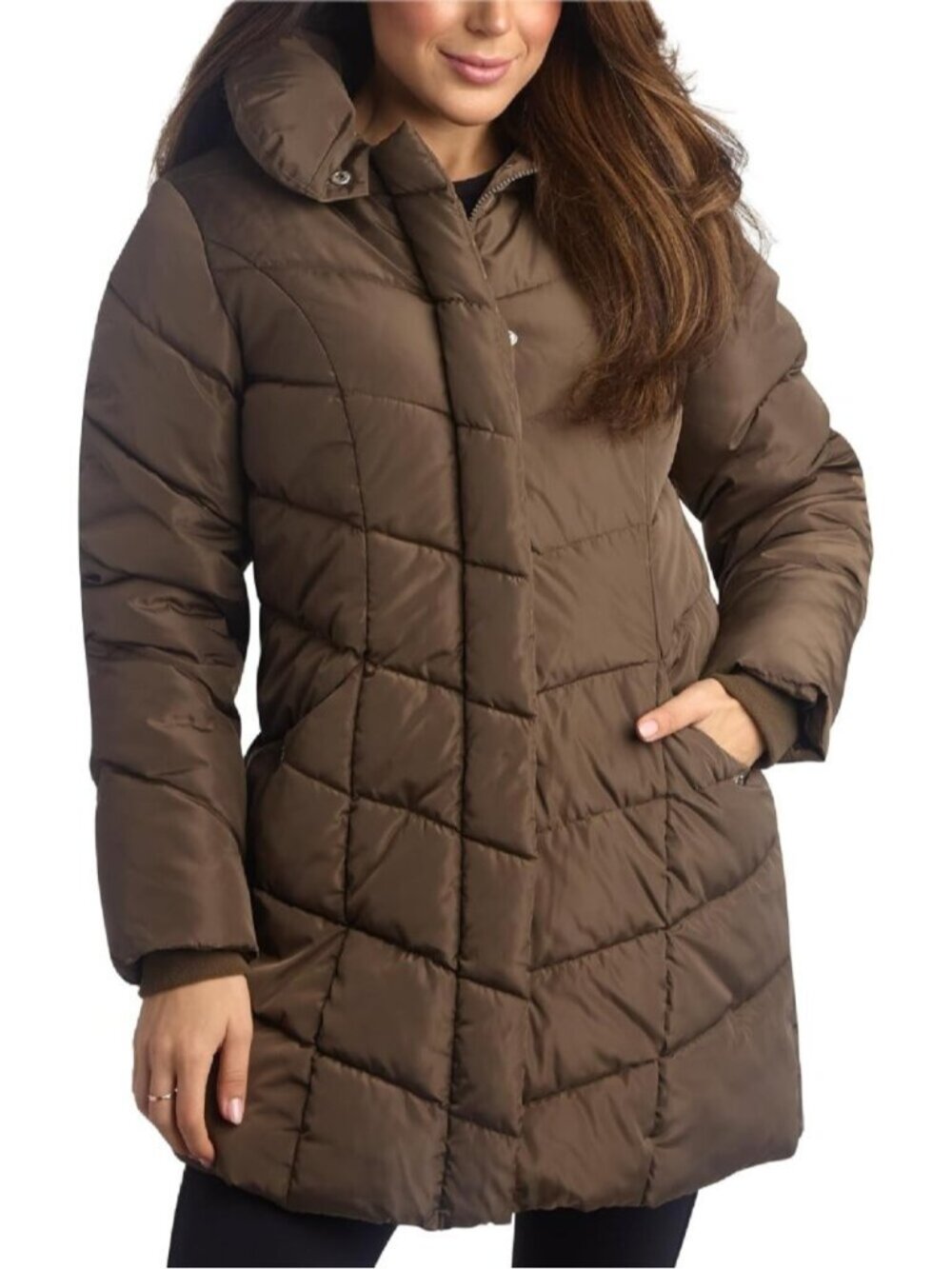 Women Brown 100%Polyester Quilted Windproof Zip Pockets Parka Long Puffer Jacket